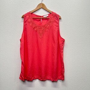 Coral Bay Womens Sleeveless Top Crochet Collar Coral Linen Rayon Size 3X